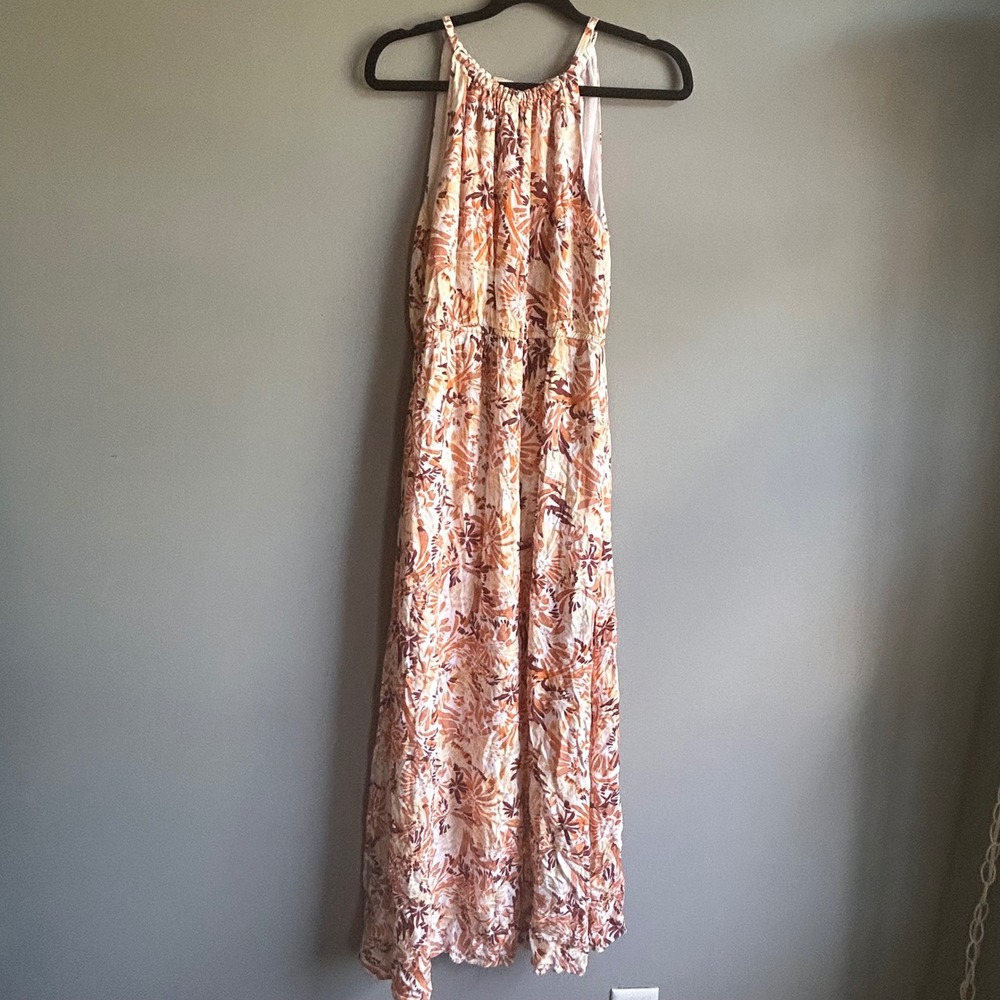 Joie Womens Orange Brown Tropical Floral Halter Maxi Dress Elastic Waist Pockets